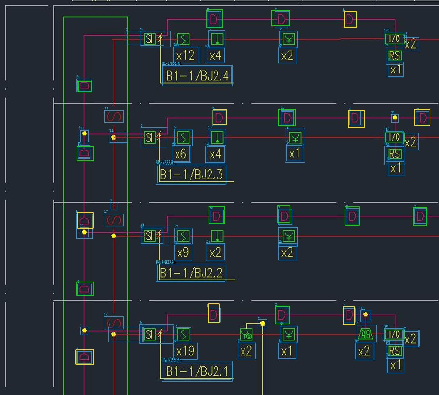 OCR after line removal: green is read correctly, yellow is located but misread, blue shows OCR boxes and their readings