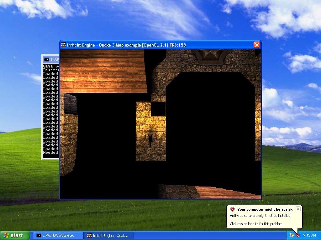 Irrlicht's Quake 3 map example on VMware's Mesa OpenGL driver: the title bar shows OpenGL 2.1 and 158 FPS, with large black patches