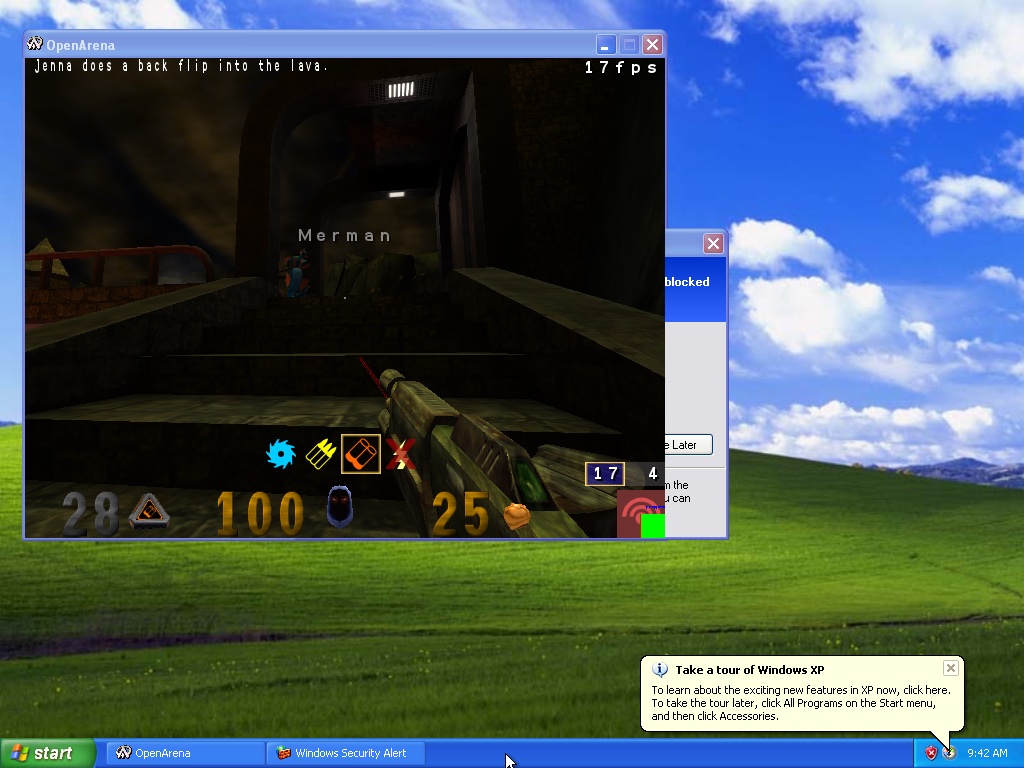 OpenArena in the demo, rendered through the forwarded opengl32.dll