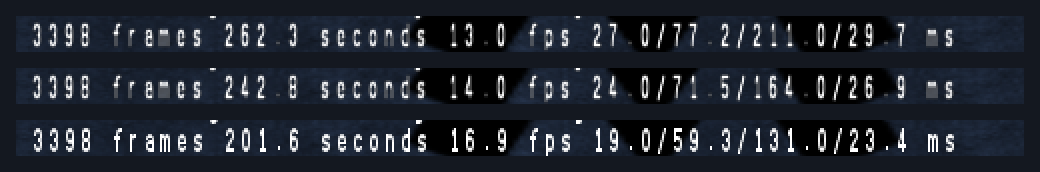 The result lines of three OpenArena timedemo runs, top to bottom: Mesa driver, Mesa driver with the x87 fast path, forwarded opengl32.dll. The numbers are frames, seconds, average fps, and min/avg/max/std-dev frame time in ms