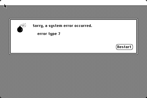 With an -O1 build, System 6 stops at boot with error type 7