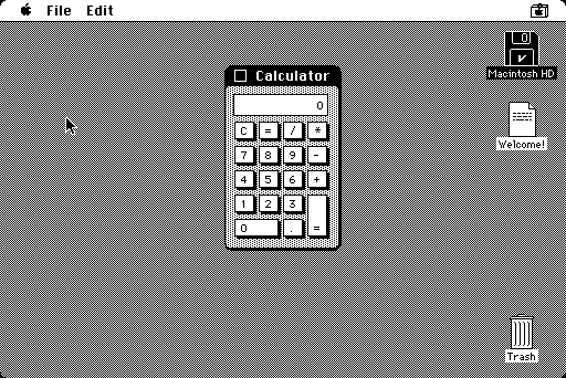 Mini vMac restored from a snapshot in a fresh page, with Calculator opened. Calculator's code was read from the restored disk