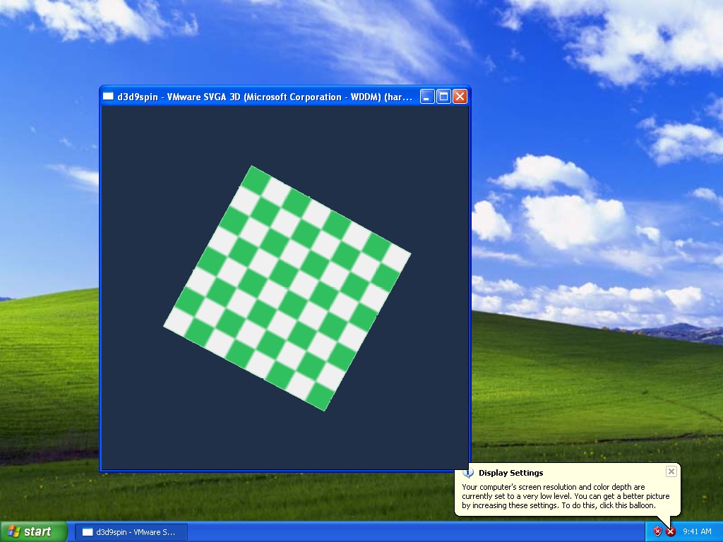 d3d9spin on browser XP: Direct3D 9 goes through WineD3D to OpenGL, through VMware's Mesa driver to SVGA3D commands, and is finally drawn by WebGL2